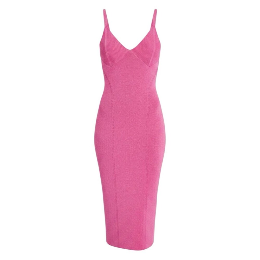 STAUD Quartz Metallic Knit Bodycon Midi Dress Barbiecore Wedding Guest - S